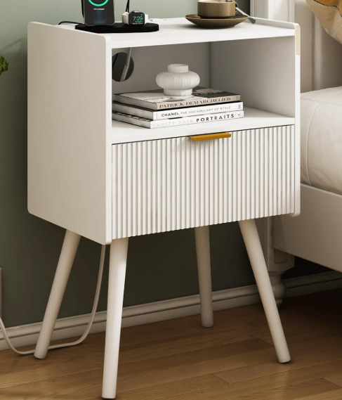 Modern bedside table with drawers and open shelving