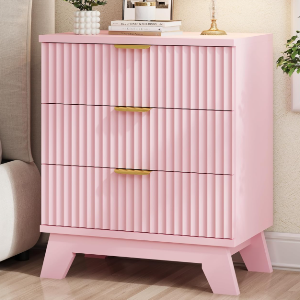 Built in bedside table with three drawers and shelving