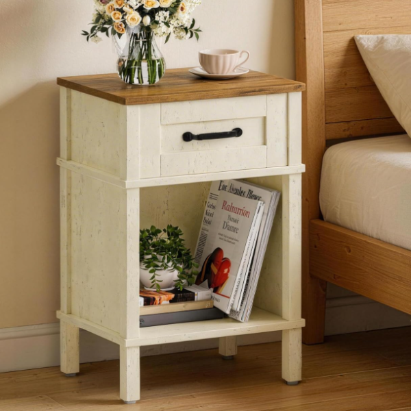 Country style bedside table with one drawer and shelving
