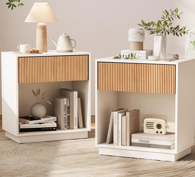 Built in bedside table with two piece drawer set and shelving