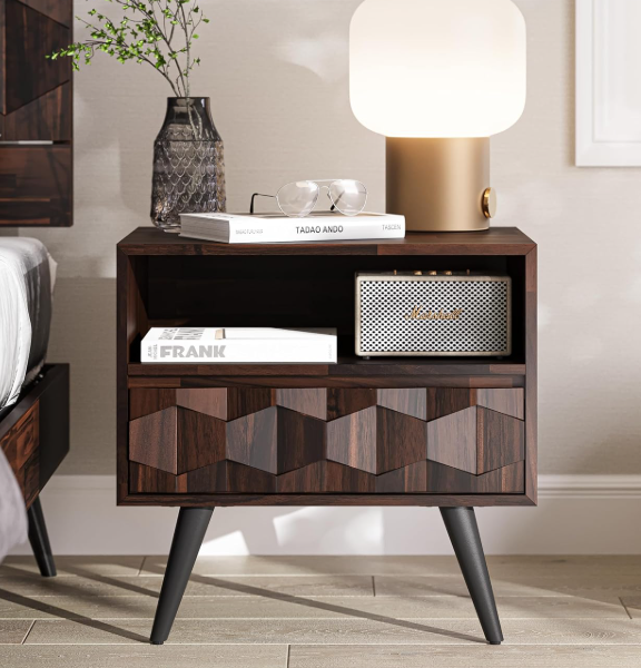 Solid wood bedside table with one drawer and open shelving