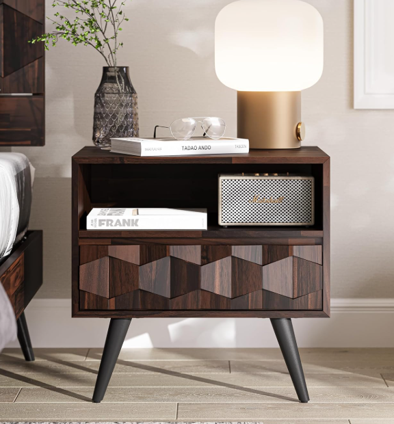 Solid wood bedside table with one drawer and open shelving